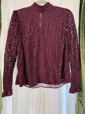 Ann Taylor  Lace Long-Sleeve Mock Neck Top - Burgundy